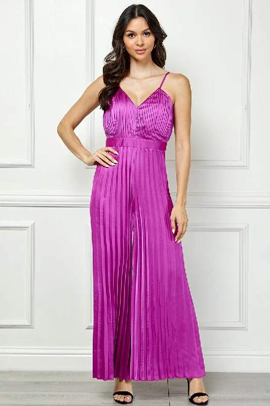 PLUM SATIN SPAGHETTI STRAP PLEATED WIDE LEG JUMPSUIT AVJ51891W Chic jumpsuit, Minimal design, Sleek, Trendy PLUM SATIN SPAGHETTI STRAP PLEATED WIDE LEG JUMPSUIT AVJ51891W Chic jumpsuit, Minimal design, Sleek, Trendy