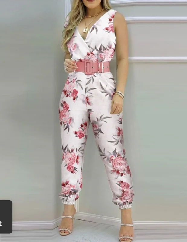 Printed Sleevelees V-neck Belted Closed Bottom Jumpsuit (3 styles) Velvet jumpsuit, Glamorous, Luxurious, Evening wear Printed Sleevelees V-neck Belted Closed Bottom Jumpsuit (3 styles) Velvet jumpsuit, Glamorous, Luxurious, Evening wear