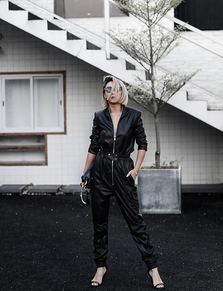 PU Leather Cargo Long Sleeve Jumpsuit Casual chic jumpsuit, Relaxed, Comfortable, Stylish PU Leather Cargo Long Sleeve Jumpsuit Casual chic jumpsuit, Relaxed, Comfortable, Stylish