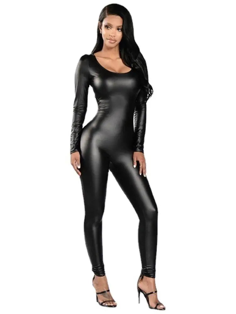 PU Leather Elastic Long Sleeve Jumpsuit Sporty jumpsuit, Casual, Comfortable, Athletic PU Leather Elastic Long Sleeve Jumpsuit Sporty jumpsuit, Casual, Comfortable, Athletic