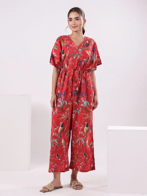 Red Floral Printed Jumpsuit for Women Short jumpsuit, Casual wear, Comfortable, Trendy Red Floral Printed Jumpsuit for Women Short jumpsuit, Casual wear, Comfortable, Trendy