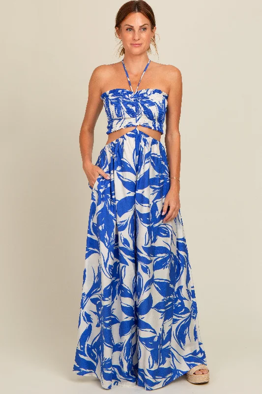 Royal Blue Tropical Print Cutout Smocked Jumpsuit Deep V jumpsuit, Sexy, Night out, Trendy Royal Blue Tropical Print Cutout Smocked Jumpsuit Deep V jumpsuit, Sexy, Night out, Trendy