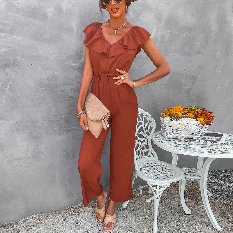 Ruffle V-neck Open Back Slim Waist Straight Leg Jumpsuit Boho chic jumpsuit, Relaxed fit, Comfortable, Stylish Ruffle V-neck Open Back Slim Waist Straight Leg Jumpsuit Boho chic jumpsuit, Relaxed fit, Comfortable, Stylish
