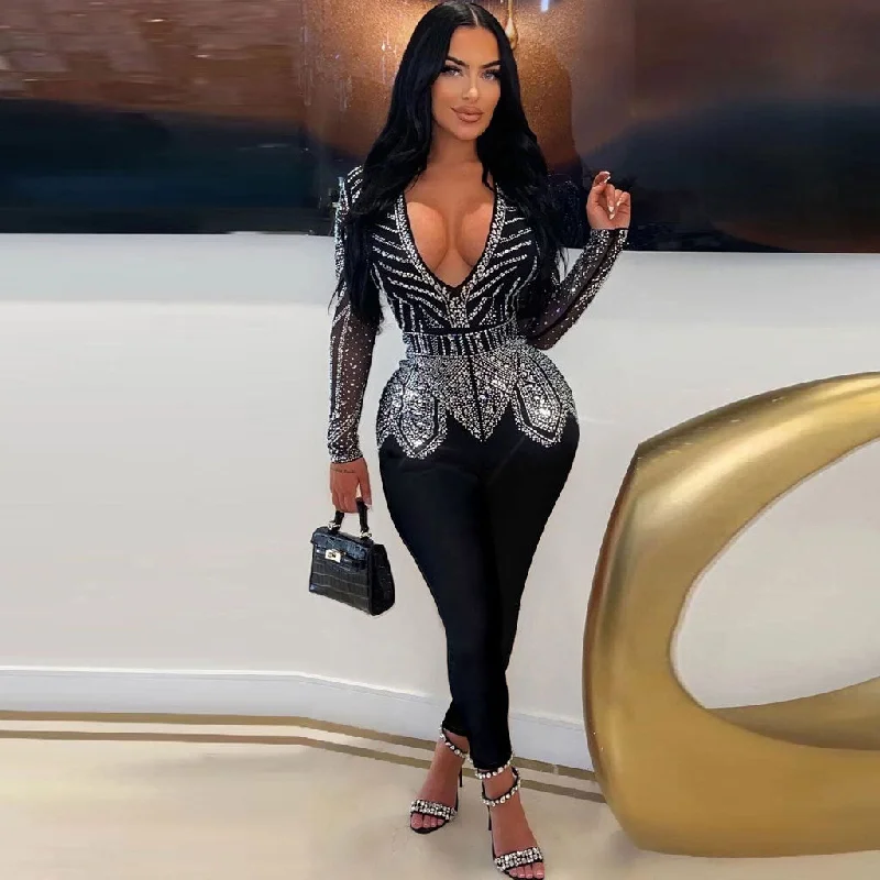Sexy Plunge V Neck Sheer Long Sleeve Glitter Crystal Bodycon Party Jumpsuit Pleated jumpsuit, High waist, Fashion forward, Elegant Sexy Plunge V Neck Sheer Long Sleeve Glitter Crystal Bodycon Party Jumpsuit Pleated jumpsuit, High waist, Fashion forward, Elegant