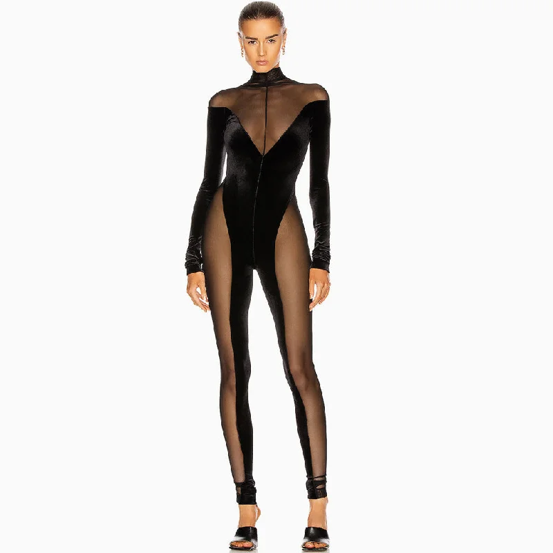 Sexy Turtleneck Sheer Mesh Long Sleeve Velvet Jumpsuit - Black Modern jumpsuit, Sleek, Trendy, Professional Sexy Turtleneck Sheer Mesh Long Sleeve Velvet Jumpsuit - Black Modern jumpsuit, Sleek, Trendy, Professional