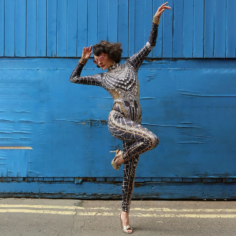 Shimmer Rhinestone Baroque Geo Print High Neck Long Sleeve Skinny Unitard Jumpsuit Boho style jumpsuit, Comfortable, Relaxed fit, Trendy Shimmer Rhinestone Baroque Geo Print High Neck Long Sleeve Skinny Unitard Jumpsuit Boho style jumpsuit, Comfortable, Relaxed fit, Trendy