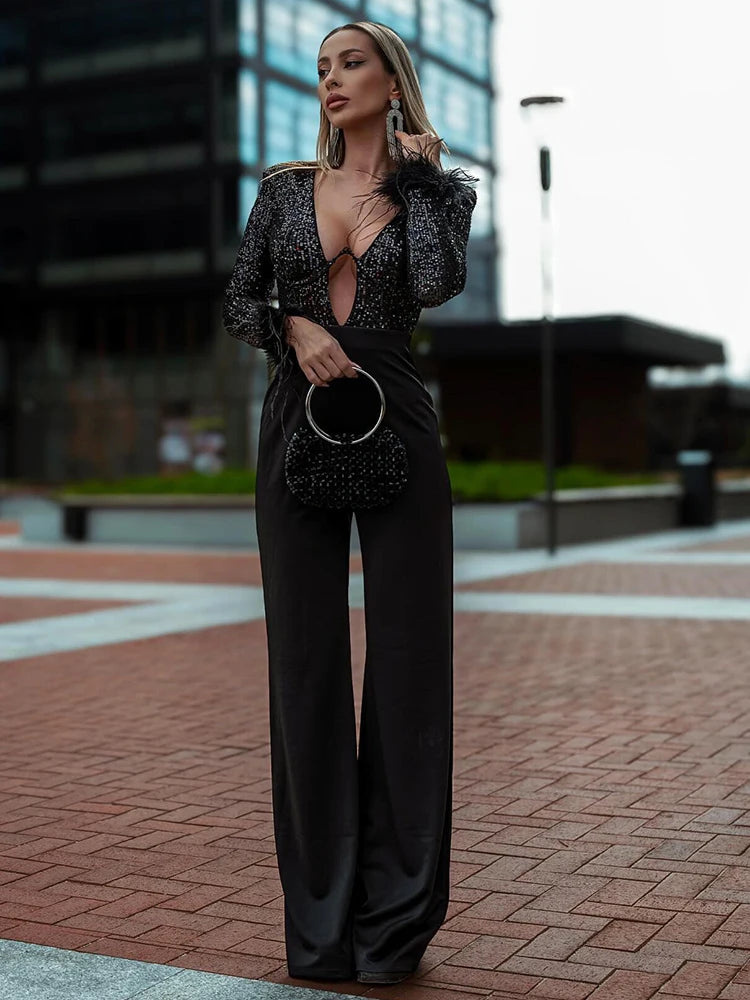 Sleeve Feather Cuff Deep V Sequin Jumpsuit Classic denim jumpsuit, Street style, Comfortable, Trendy Sleeve Feather Cuff Deep V Sequin Jumpsuit Classic denim jumpsuit, Street style, Comfortable, Trendy