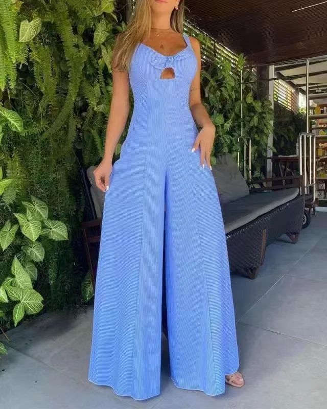 Sleeveless Striped Solid Blue Casual Wide Leg Jumpsuit Ruffle sleeve jumpsuit, Feminine, Elegant, Comfortable Sleeveless Striped Solid Blue Casual Wide Leg Jumpsuit Ruffle sleeve jumpsuit, Feminine, Elegant, Comfortable