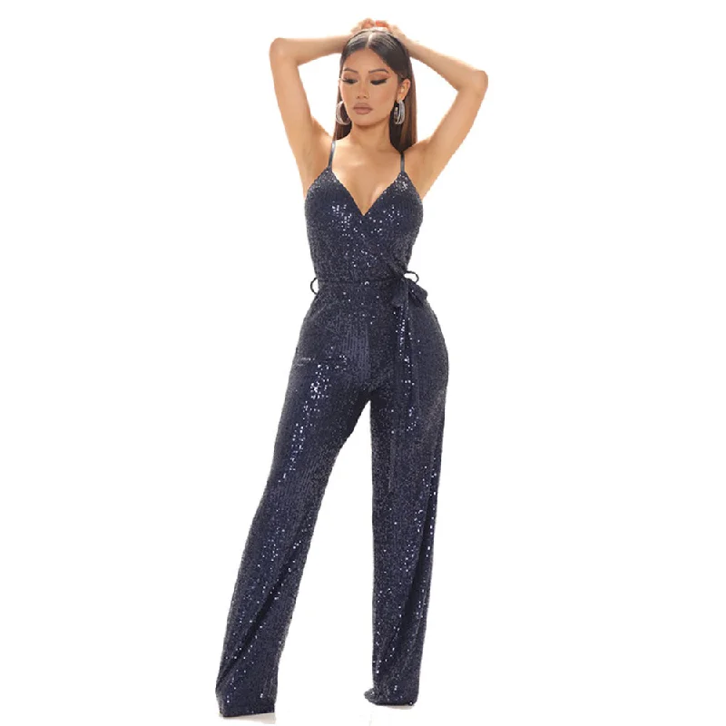 Solid Sequin Slim Fit Sling Jumpsuit Wrap-around jumpsuit, Elegant, Feminine, Comfortable Solid Sequin Slim Fit Sling Jumpsuit Wrap-around jumpsuit, Elegant, Feminine, Comfortable