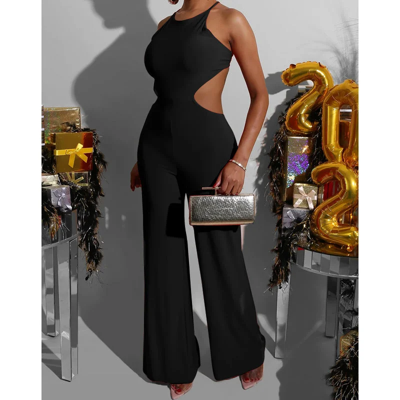 Solid Sleeveless Suspender Wide Leg Jumpsuit Ruffle hem jumpsuit, Feminine, Trendy, Elegant Solid Sleeveless Suspender Wide Leg Jumpsuit Ruffle hem jumpsuit, Feminine, Trendy, Elegant