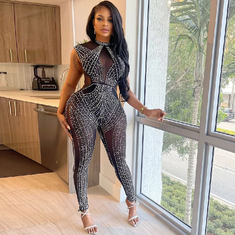 Sparkly Crystal Detail Mock Neck Sheer Mesh Panel Bodycon Sleeveless Jumpsuit Wide leg floral jumpsuit, Feminine, Stylish, Comfortable Sparkly Crystal Detail Mock Neck Sheer Mesh Panel Bodycon Sleeveless Jumpsuit Wide leg floral jumpsuit, Feminine, Stylish, Comfortable