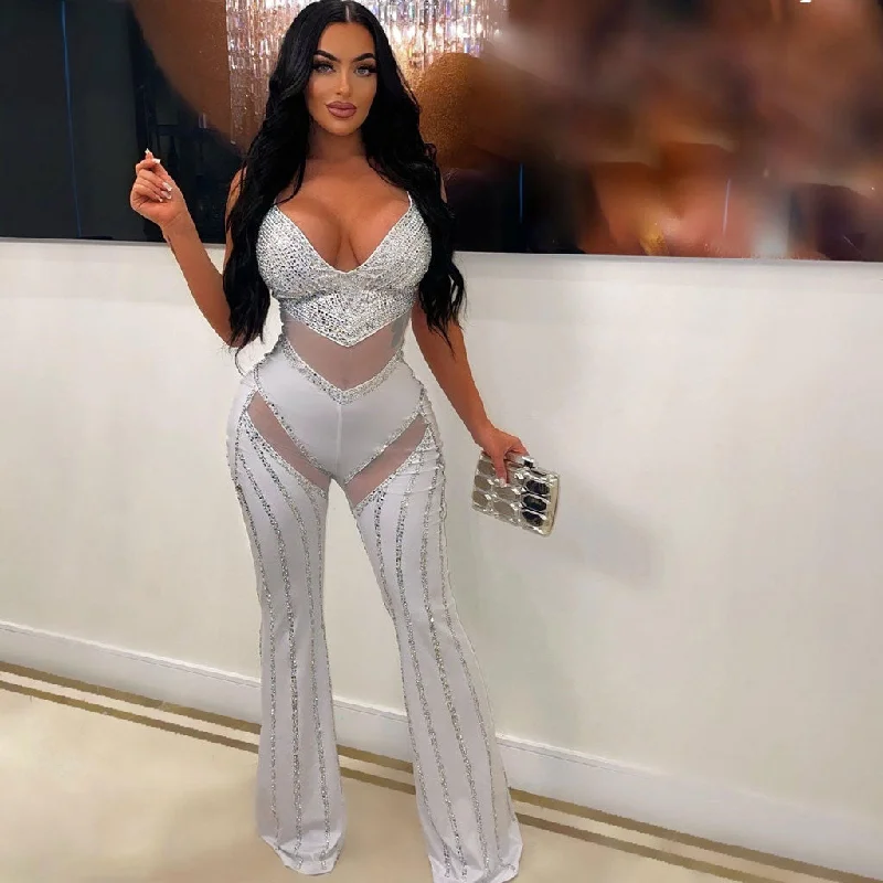 Sparkly Crystal Plunge Neck Sheer Mesh Panel Wide Leg Sleeveless Party Jumpsuit Printed jumpsuit, Trendy, Bold design, Casual Sparkly Crystal Plunge Neck Sheer Mesh Panel Wide Leg Sleeveless Party Jumpsuit Printed jumpsuit, Trendy, Bold design, Casual
