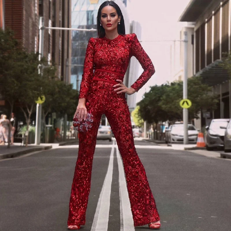 Sparkly Lace Embellished Long Sleeve Flare Sequin Bandage Jumpsuit - Red Turtleneck jumpsuit, Cozy, Elegant, Trendy Sparkly Lace Embellished Long Sleeve Flare Sequin Bandage Jumpsuit - Red Turtleneck jumpsuit, Cozy, Elegant, Trendy