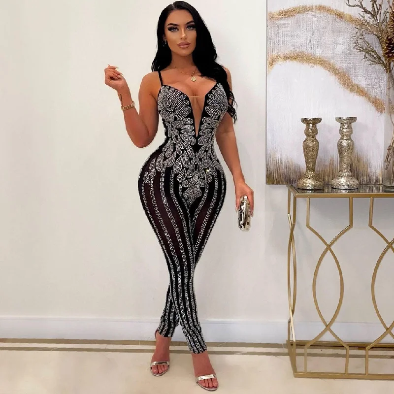 Sparkly Plunge Neck Rhinestone Detail Sheer Mesh Bodycon Sleeveless Jumpsuit Ruffle jumpsuit, Feminine touch, Trendy, Party wear Sparkly Plunge Neck Rhinestone Detail Sheer Mesh Bodycon Sleeveless Jumpsuit Ruffle jumpsuit, Feminine touch, Trendy, Party wear