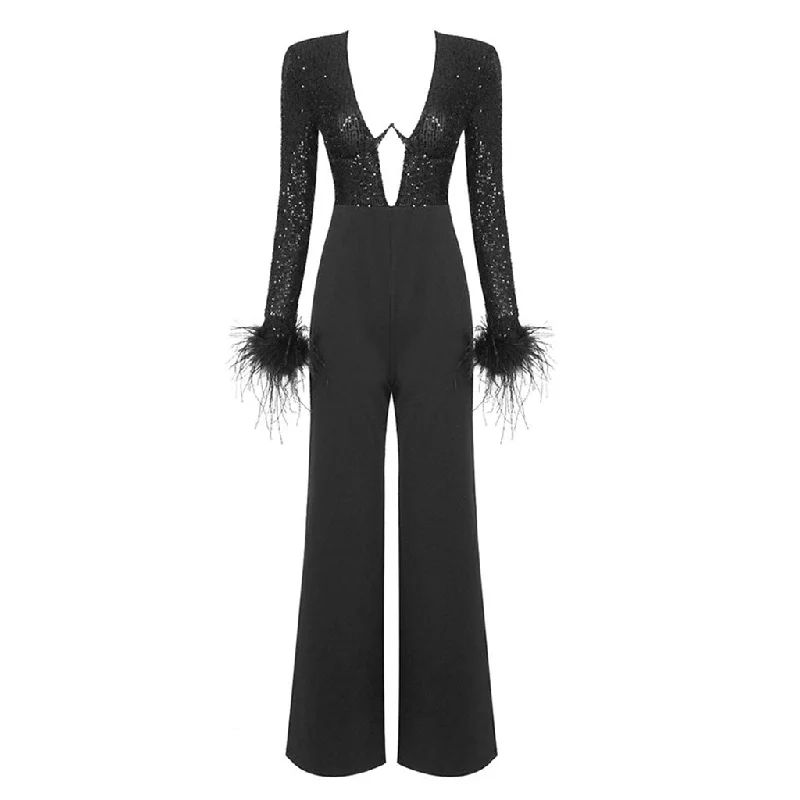 Sparkly Sequin Underwire Plunge Feather Long Sleeve High Waist Wide Leg Jumpsuit Floral jumpsuit, Summer vibes, Feminine, Casual Sparkly Sequin Underwire Plunge Feather Long Sleeve High Waist Wide Leg Jumpsuit Floral jumpsuit, Summer vibes, Feminine, Casual