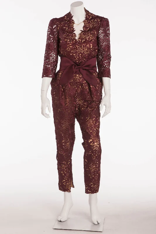 Stella McCartney - Burgundy Lace Jumpsuit with Belt -IT 42 Satin wrap jumpsuit, Trendy, Elegant, Chic Stella McCartney - Burgundy Lace Jumpsuit with Belt -IT 42 Satin wrap jumpsuit, Trendy, Elegant, Chic