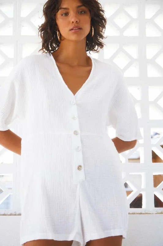 Sundays The Label WOMENS ZEPHIE PLAYSUIT - WHITE Denim romper jumpsuit, Casual, Comfortable, Trendy Sundays The Label WOMENS ZEPHIE PLAYSUIT - WHITE Denim romper jumpsuit, Casual, Comfortable, Trendy