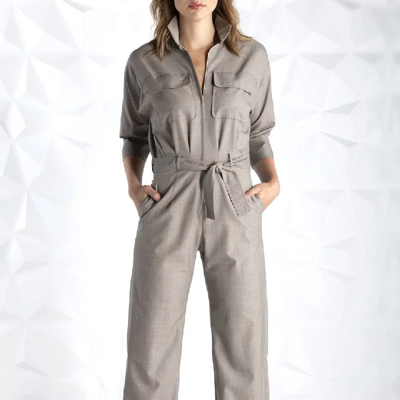 Taupe Cool Wool Plaid Jumpsuit High neck jumpsuit, Elegant, Professional, Stylish