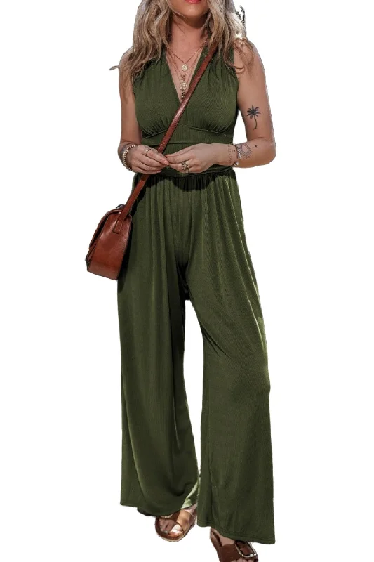 V-Neck Sleeveless Wide Leg Jumpsuit Off-shoulder wide leg jumpsuit, Trendy, Comfortable, Stylish V-Neck Sleeveless Wide Leg Jumpsuit Off-shoulder wide leg jumpsuit, Trendy, Comfortable, Stylish