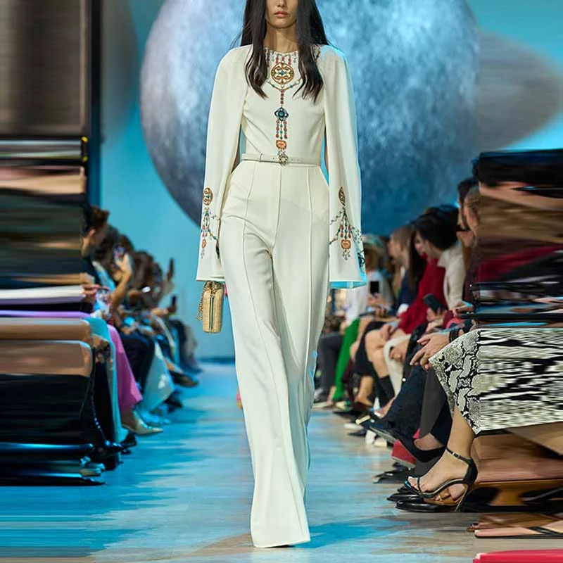 Trumpet Sleeved Jumpsuit White Heavy-duty Diamond Studded Jumpsuit Beaded One Piece Suit Elegant black jumpsuit, Formal wear, Stylish, Chic Trumpet Sleeved Jumpsuit White Heavy-duty Diamond Studded Jumpsuit Beaded One Piece Suit Elegant black jumpsuit, Formal wear, Stylish, Chic