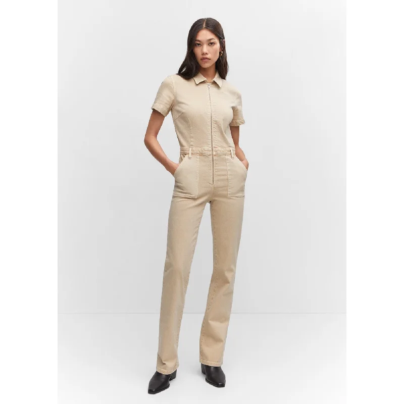 Beige Denim Zipper Jumpsuit Plain jumpsuit, Minimalist, Sleek, Stylish