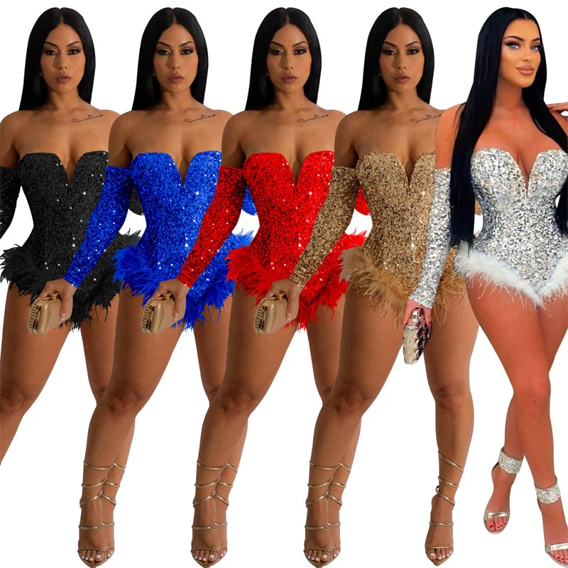 women sexy black white off shoulder long sleeve feather sequin white plus size jumpsuit short women black sequined sexy bodysuit Romper jumpsuit, Casual, Comfortable, Playful women sexy black white off shoulder long sleeve feather sequin white plus size jumpsuit short women black sequined sexy bodysuit Romper jumpsuit, Casual, Comfortable, Playful